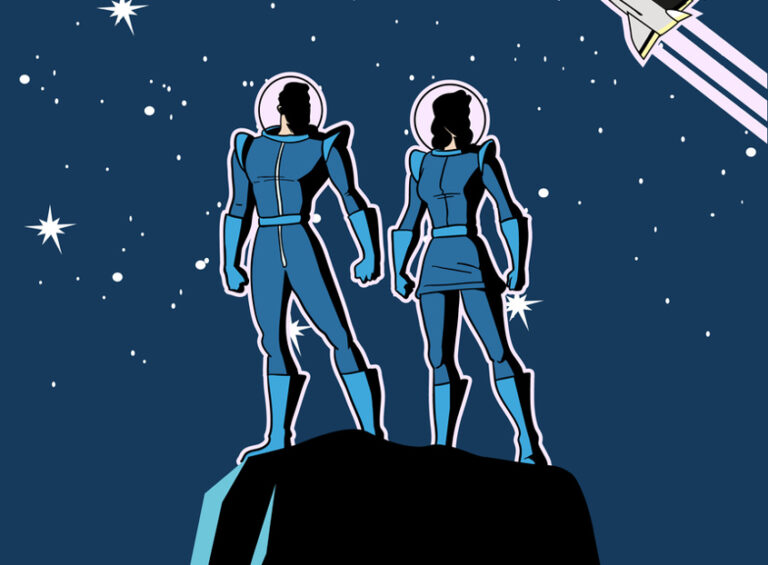 Vector Retro Astronaut Couple in Space Cartoon illustration