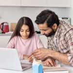 Indian,Dad,Helping,School,Child,Teen,Daughter,Studying,Online,At