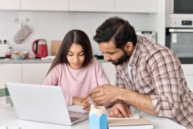 Indian,Dad,Helping,School,Child,Teen,Daughter,Studying,Online,At
