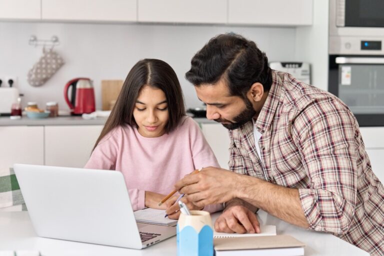 Indian,Dad,Helping,School,Child,Teen,Daughter,Studying,Online,At