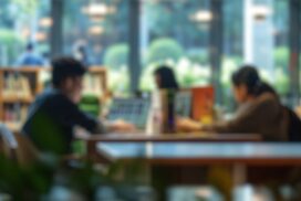 Blur,Background,Of,Diverse,Student,Sitting,At,Modern,Library,While