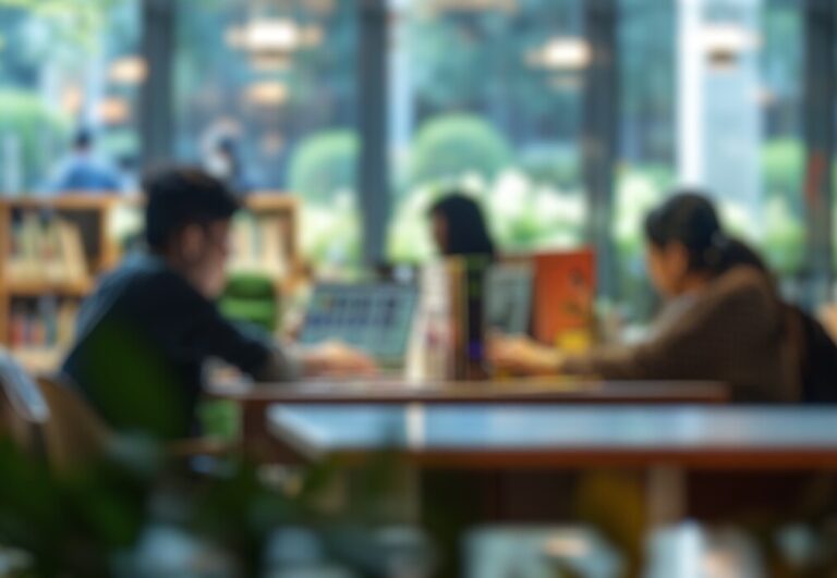 Blur,Background,Of,Diverse,Student,Sitting,At,Modern,Library,While