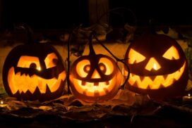Photo,of,three,pumpkins,for,halloween.,embittered,,cheerful,with,a