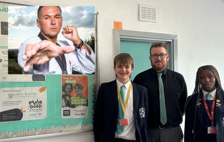 Martial artist Matt Feddes with depouty head at Lawn Manor School