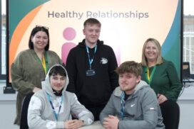 Society Without Abuse louisa wrighton and emma maclennan with new college swindon students during a healthy relationships session earlier this year