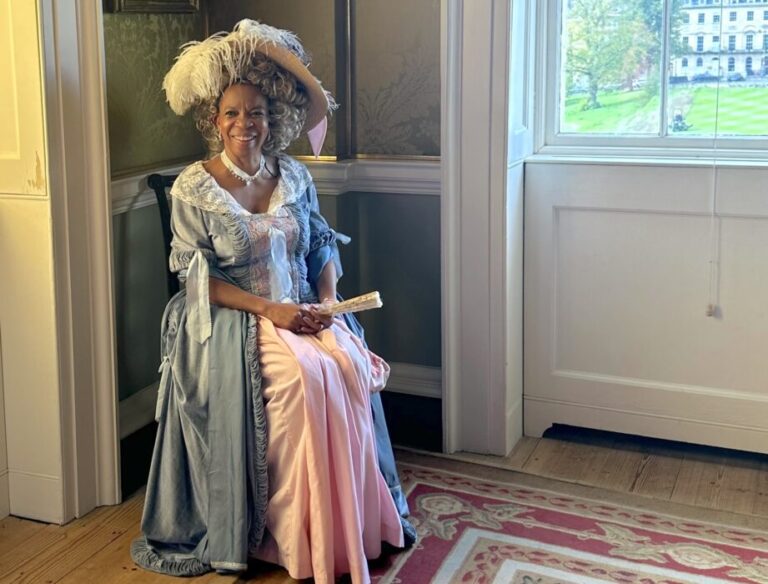 Visitor in costume in drawing room at no.1 royal crescent credit bath theatrical costume hire
