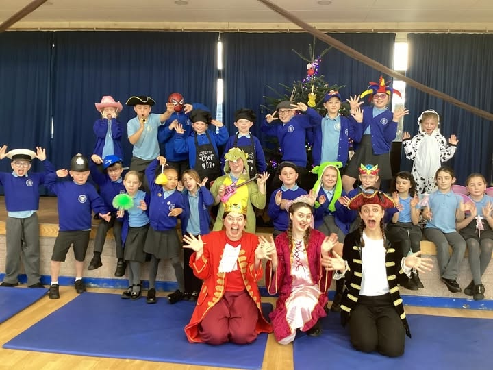 The panto cast at st benedict's Primary School Midsomer Norton