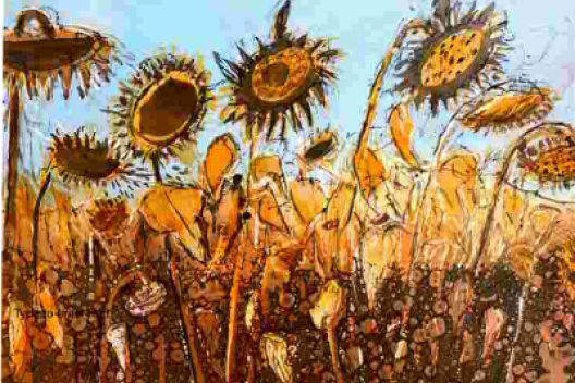 Howard jeffs, end of season sunflower field, monotype print (1)