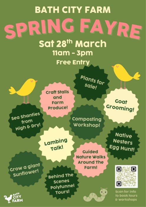 Bath City Farm hosts its free Spring Fayre on 28 March with animals, nature walks, workshops, food and family activities.