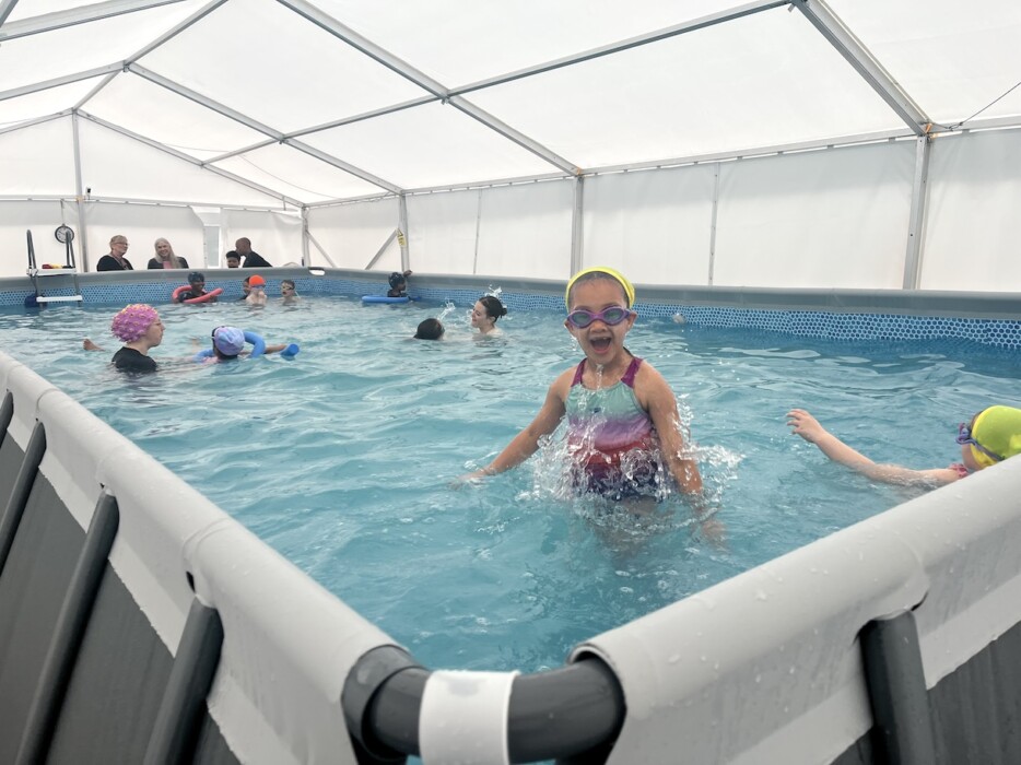 St Philip’s School Bath installs a temporary pool so every pupil can learn to swim on site, supported by Olympian Sharron Davies.
