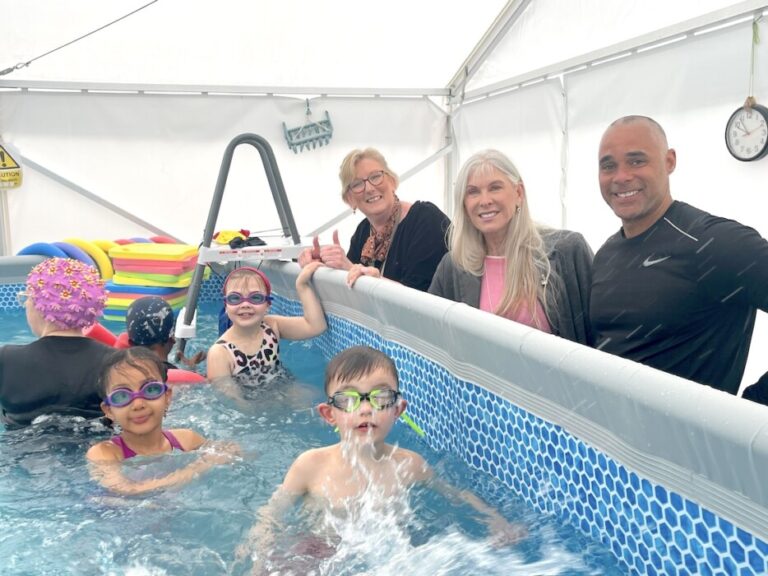 St Philip’s School Bath installs a temporary pool so every pupil can learn to swim on site, supported by Olympian Sharron Davies.