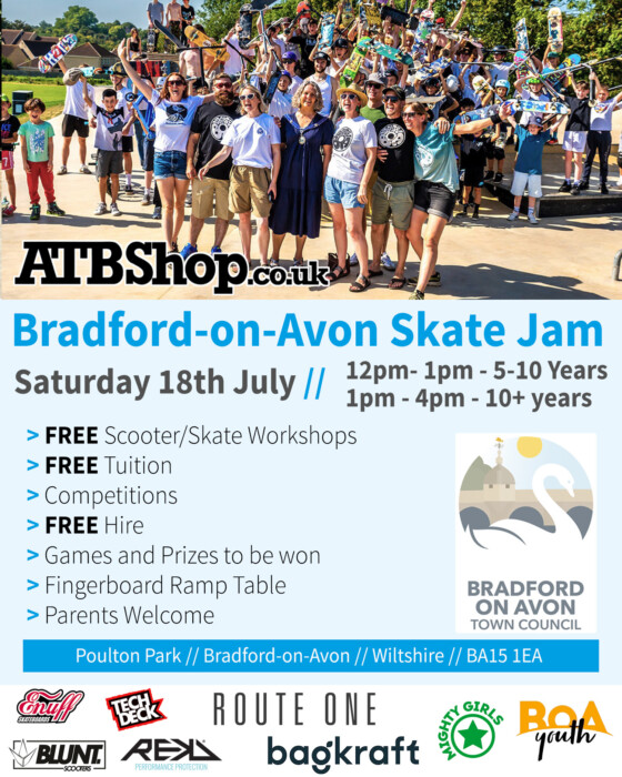 BOA Skate Jam returns to Bradford on Avon on 18 July with free skateboarding workshops, competitions, live music, demonstrations and family fun at Poulton Park.