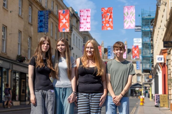 Zandra Rhodes-inspired designs by students from four Bath schools and colleges have been turned into colourful banners and bunting across the Milsom Quarter.
