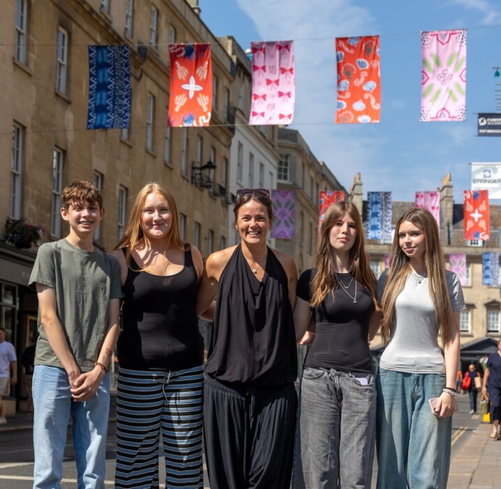 Zandra Rhodes-inspired designs by students from four Bath schools and colleges have been turned into colourful banners and bunting across the Milsom Quarter.