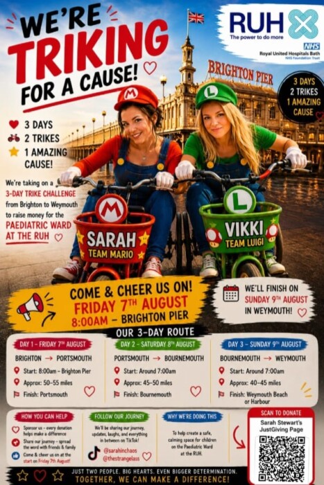 RUH Bath staff member Sarah Stewart and friend Vicki will trike 150 miles dressed as Mario and Luigi to raise money for a calming room on the children’s