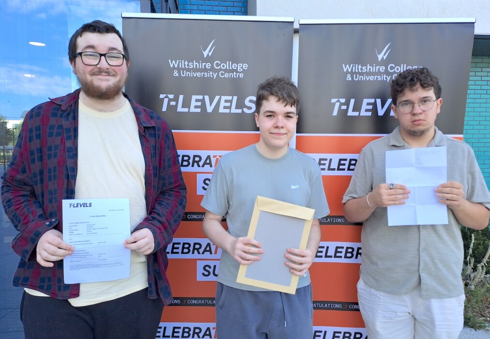 Wiltshire College students celebrate a 96% vocational pass rate and 94% T-Level pass rate, with many progressing to university and work.
