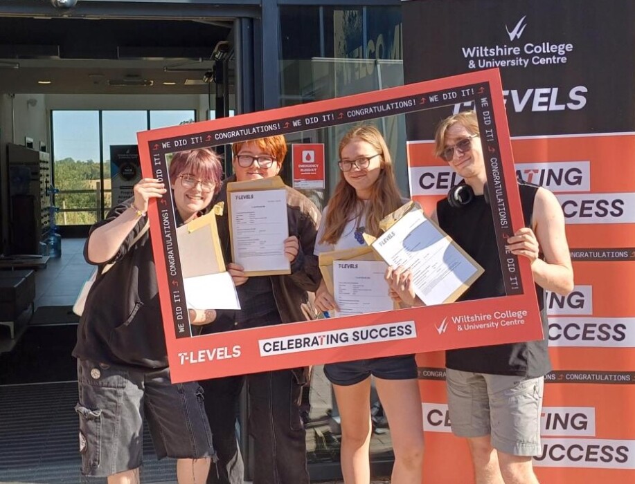 Wiltshire College students celebrate a 96% vocational pass rate and 94% T-Level pass rate, with many progressing to university and work.