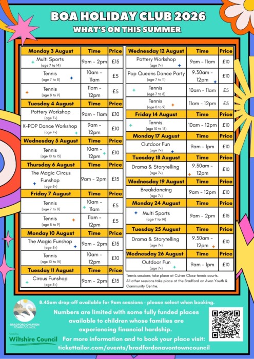 Fully funded places are available at Bradford on Avon’s summer holiday club, featuring sports, dance, pottery, drama and outdoor activities.