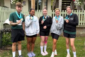 Six Gorse Hill Primary School staff completed the Swindon Half Marathon and raised more than £1,000 for domestic abuse charity Society Without Abuse.